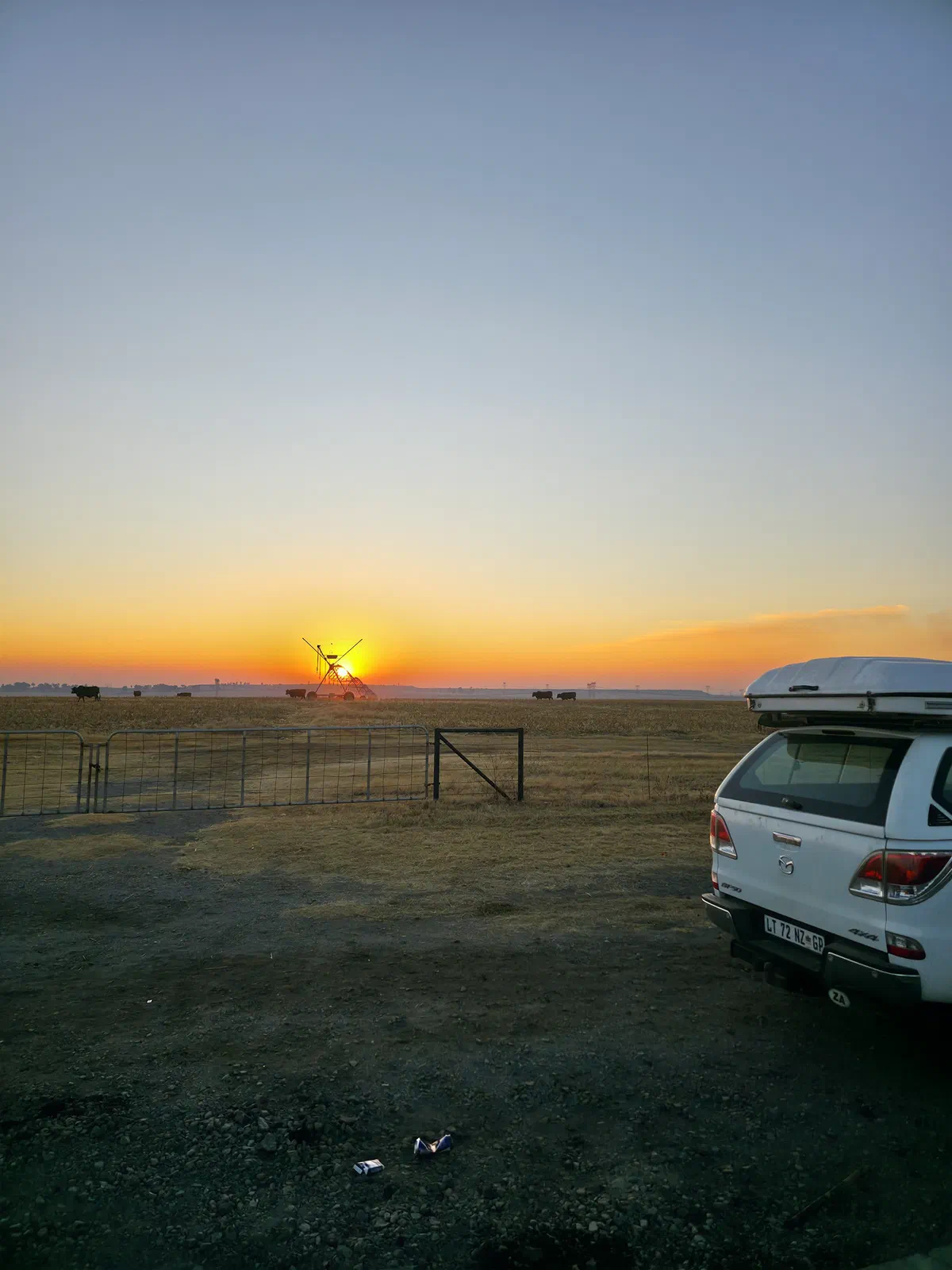 The sun rising over open grassland, with the Wildlens vehicle already parked and waiting